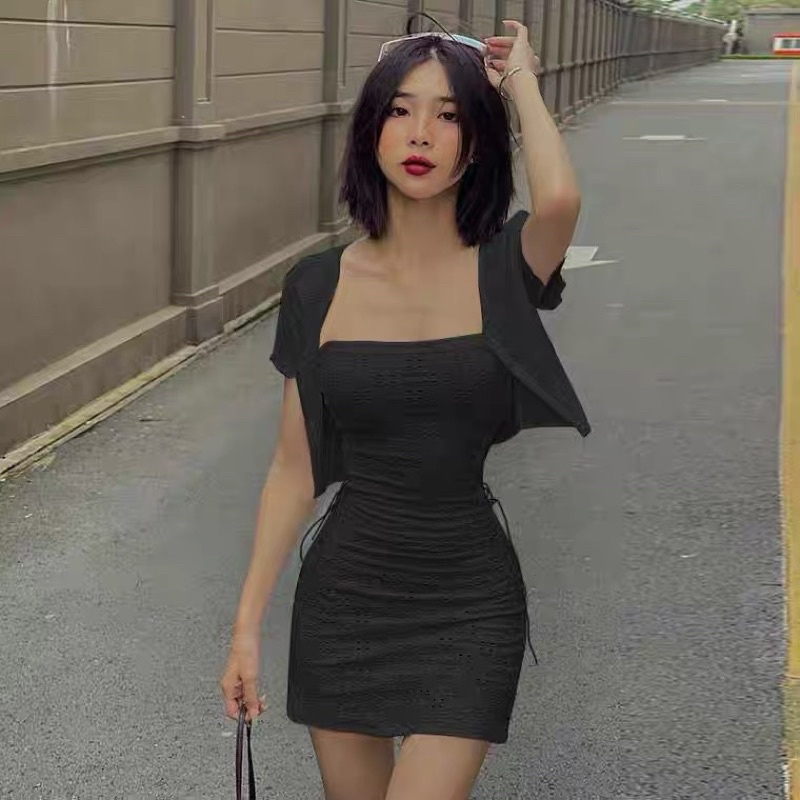 SET ĐẦM BODY DÂY RÚT EO VÀ ÁO KHOÁC MỎNG