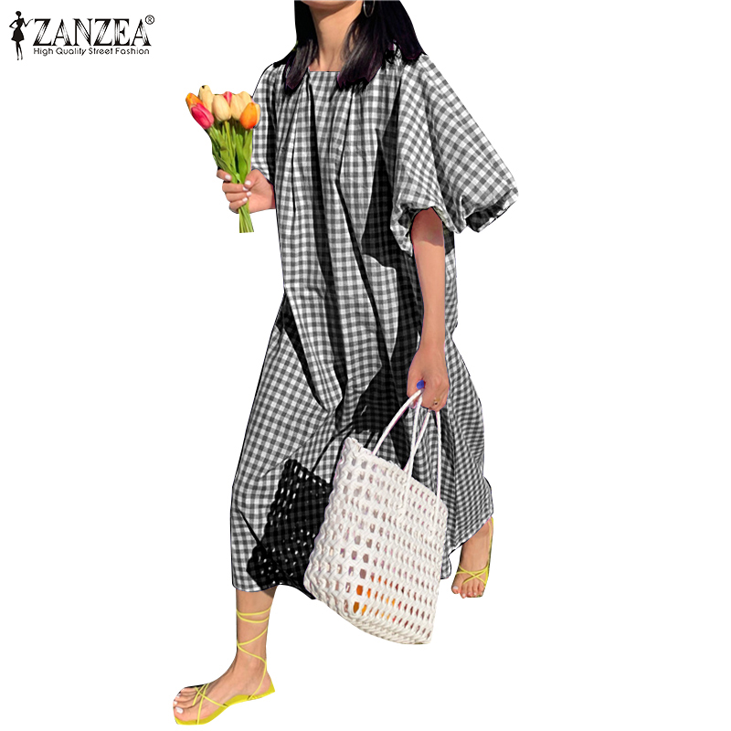 Đầm Nữ ZANZEA Dáng Dài Sọc Ca Rô Cổ Vuông Ngắn Tay Thời Trang
