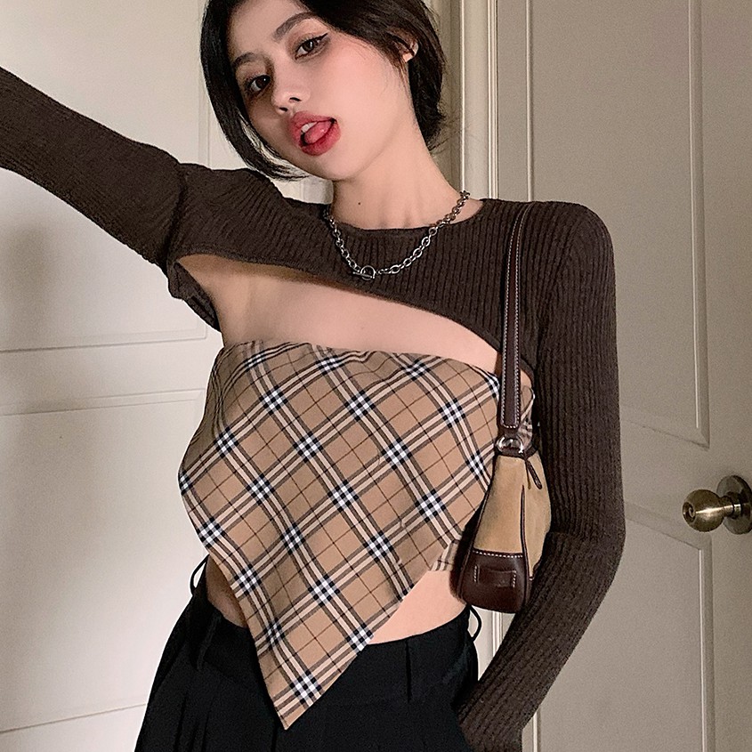 Áo sweater tay dài / áo cúp ngực họa tiết caro đáng yêu cho nữ | BigBuy360 - bigbuy360.vn