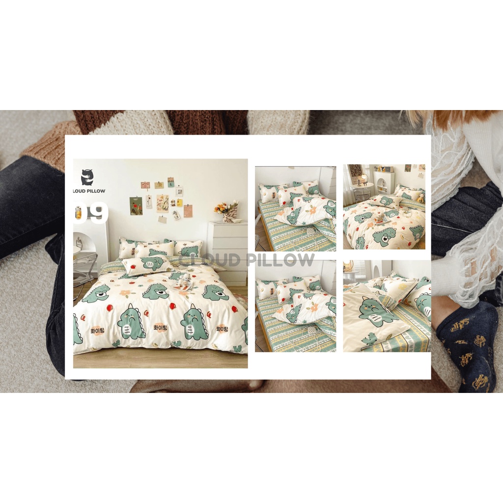 Bộ Ga Giường Khủng Long Xanh - Drap Giường + 2 Vỏ Gối + 1 Vỏ Chăn In 3D Ga Chun Mềm Mịn Nhiều Màu Sắc