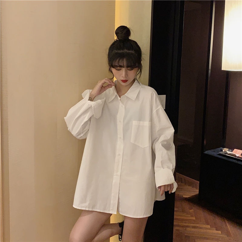 Áo sơ mi IELGY tay dài dáng rộng màu trắng thời trang màu thu dành cho nữ