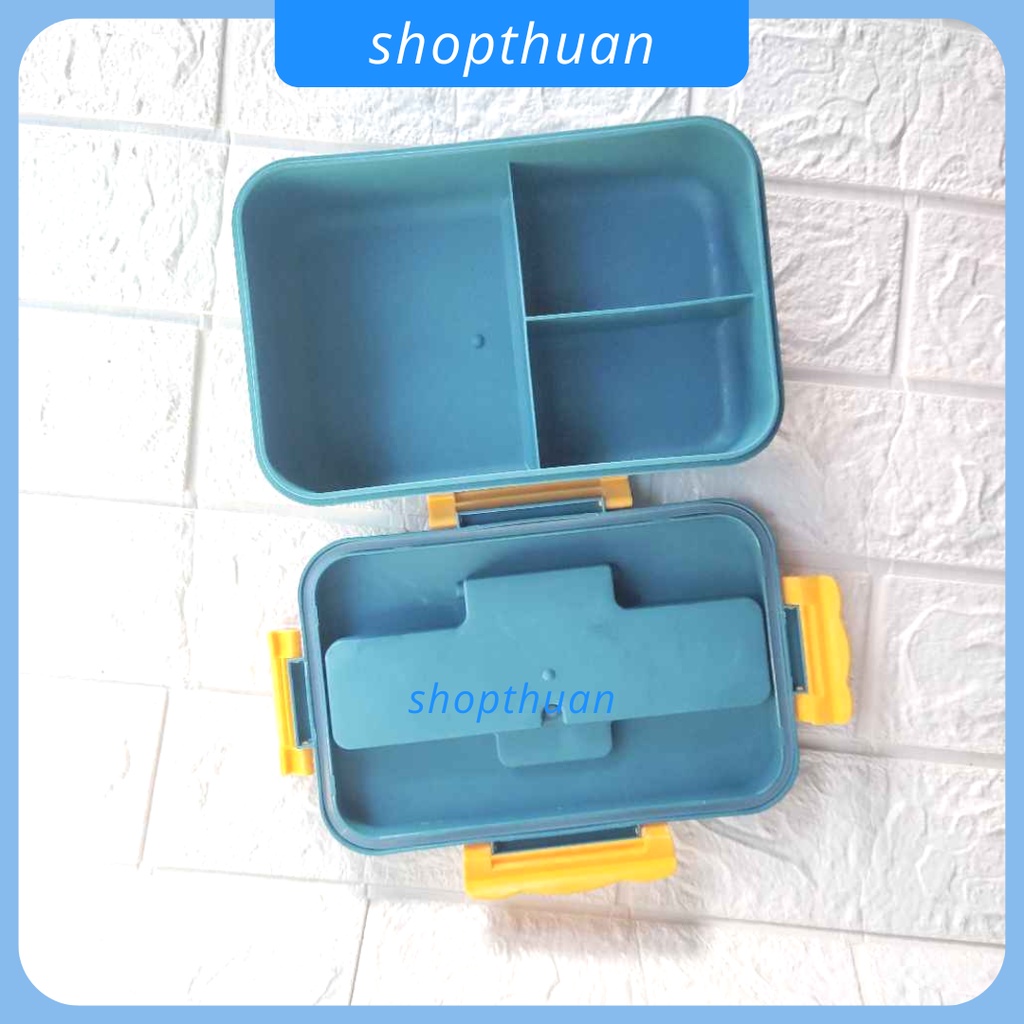 Hộp cơm 3 ngăn có nắp cài kèm muỗng đũa - size 20 x 14 x 7 cm