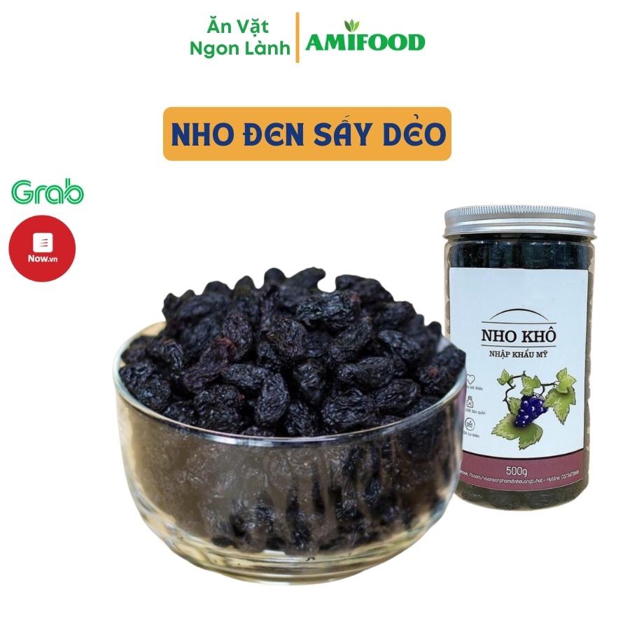 Nho Khô Đen Sấy Dẻo Không Đường AmiFood Chua Ngọt Tự Nhiên, Ăn Vặt, Ăn Kiêng - 500Gram
