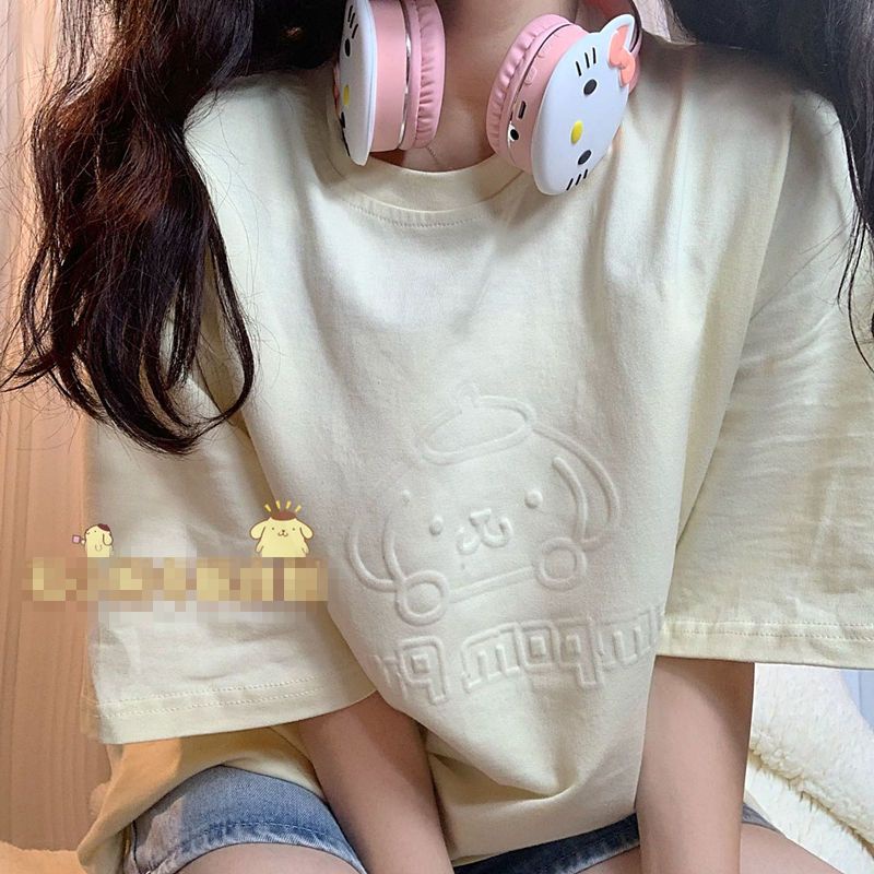 Áo Thun Tay Ngắn Cổ Tròn Dáng Rộng Dập Nổi Họa Tiết Dễ Thương Phong Cách Nhật Bản Thời Trang Mùa Hè