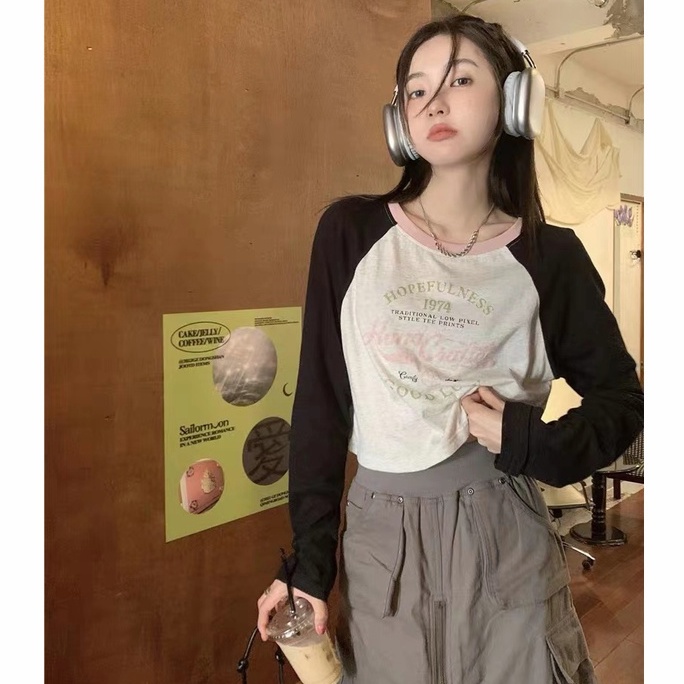 【Si Fanli】Áo Thun Croptop Tay Dài Cổ Tròn In Họa Tiết Dễ Thương Phối Màu Độc Đáo Thời Trang Quyến Rũ Cho Nữ