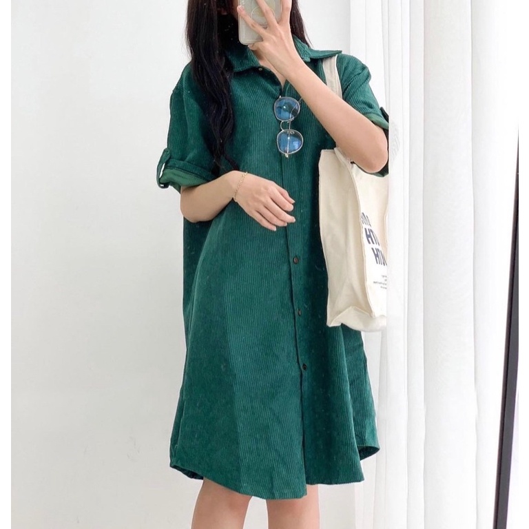 Váy sơmi nhung tăm tay gập