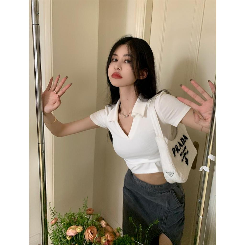 Áo Thun polo Dệt Kim Cổ V Dáng Ôm Ngắn Tay Thời Trang Retro Sành Điệu 63143