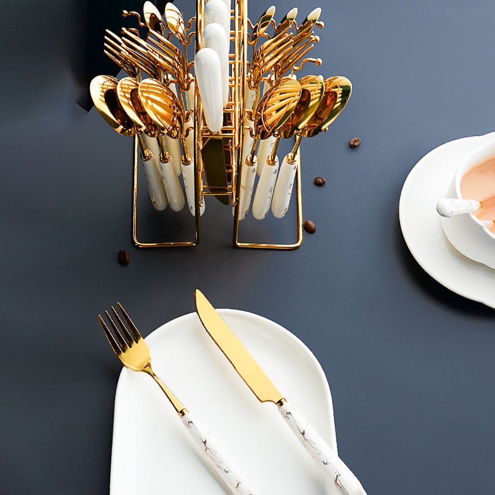 Dao thìa nĩa kèm giá treo bộ 25 món mạ vàng vân đá – VS183