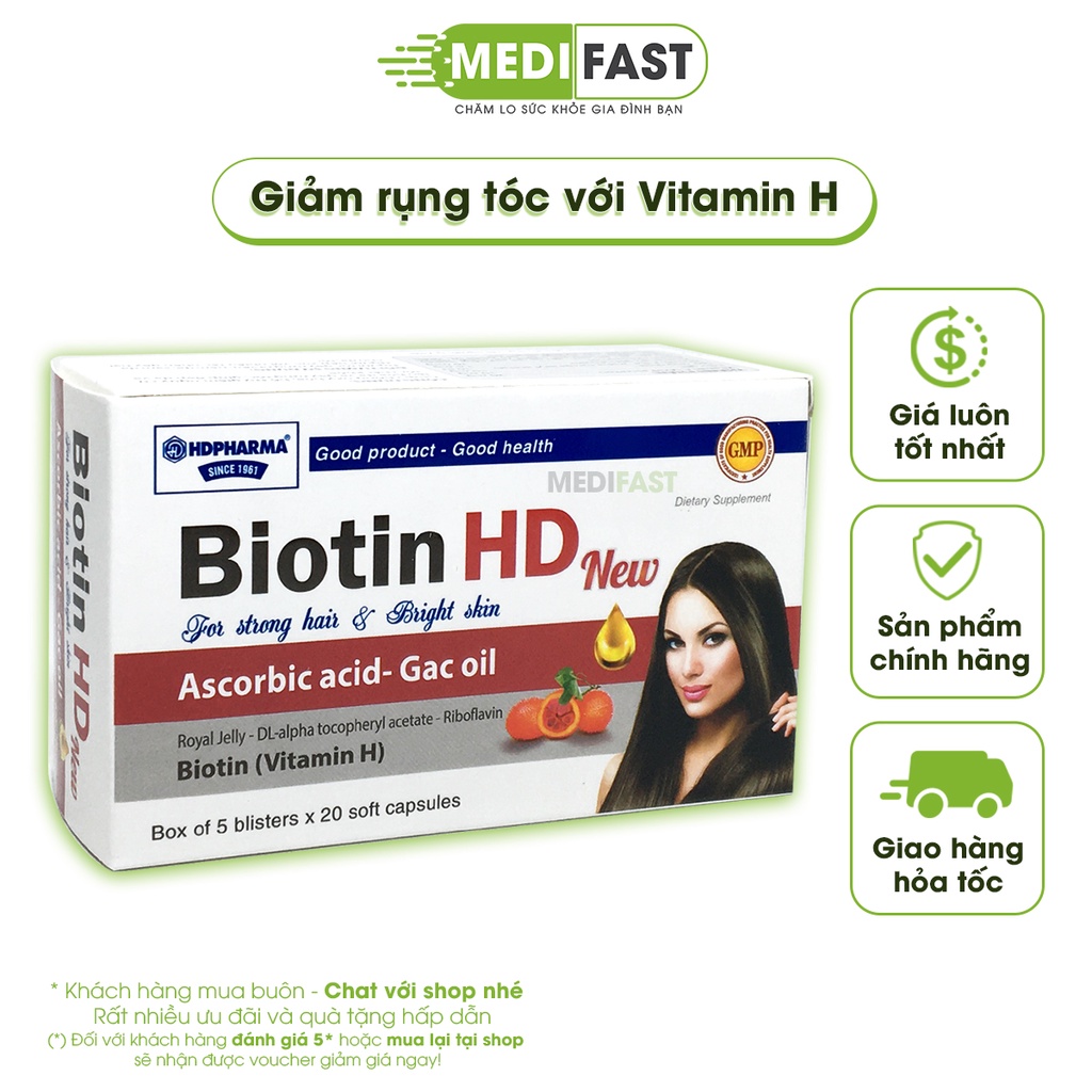 Viên uống bổ sung Biotin Vitamin H giúp ngăn ngừa rụng tóc, hói đầu, giảm lão hóa - Biotin HD NEW - Hộp 100 viên