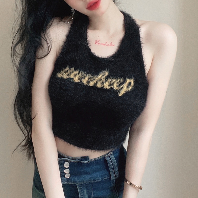 Áo croptop ZHELIHANGFEI sát nách hở lưng in chữ phong cách quyến rũ thời trang