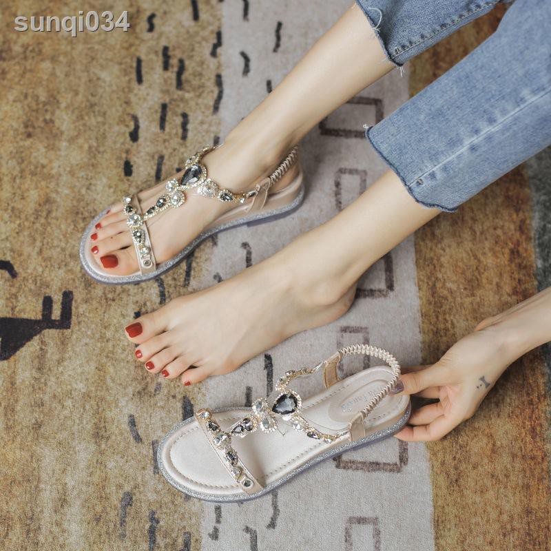 Giày Sandal Đế Xuồng Đính Đá Phong Cách Bohemian Dành Cho Nữ 2021