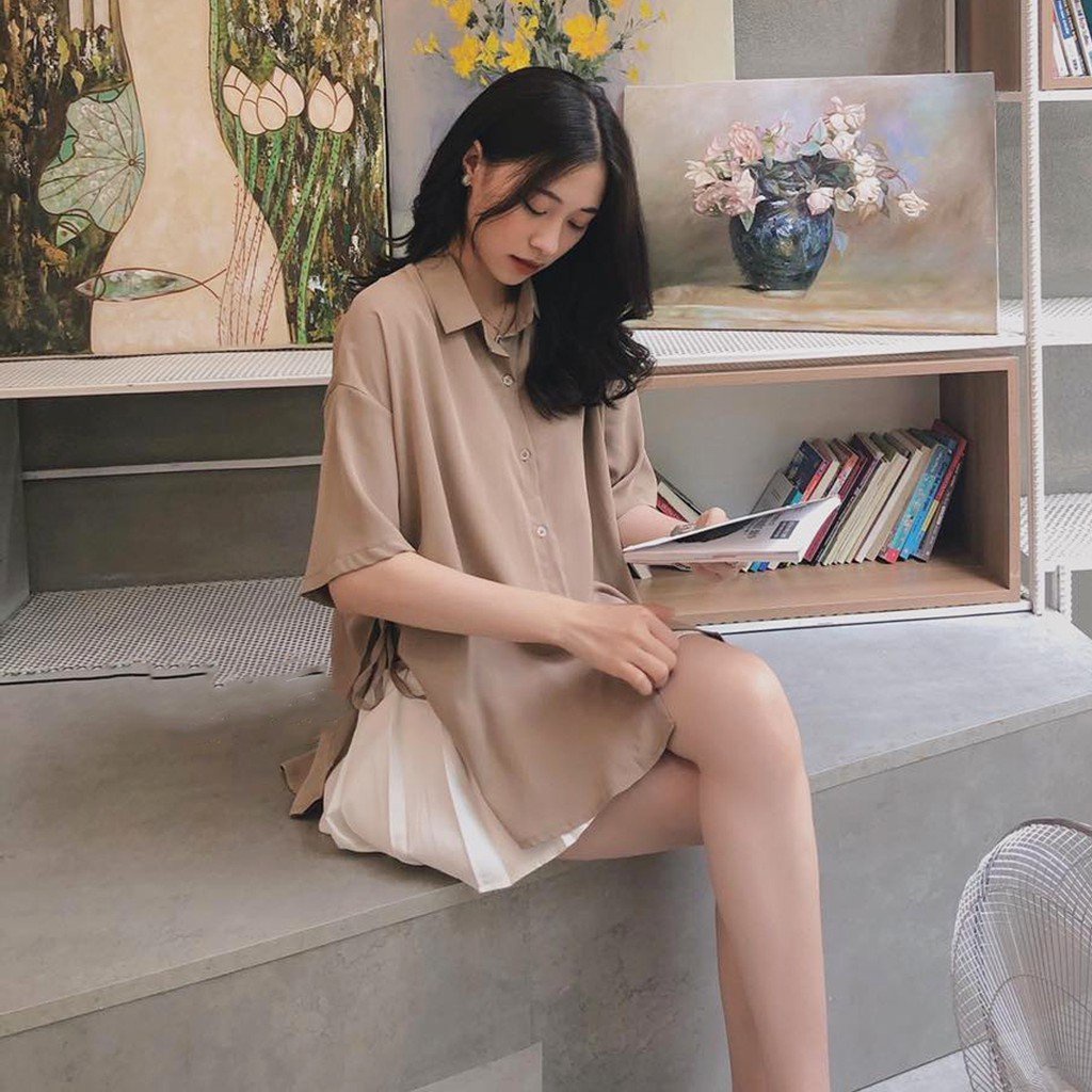 Áo sơ mi vạt bầu xẻ vạt phối dây nơ 2 bên - Phông trơn dài tay dáng suông oversize basic, thiết kế trẻ trung Ulzzang