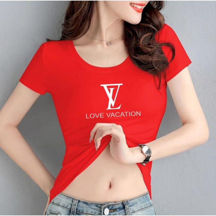 Áo thun nữ ôm body cổ tròn MXM in chữ LV mặc tôn dáng mã ANU008