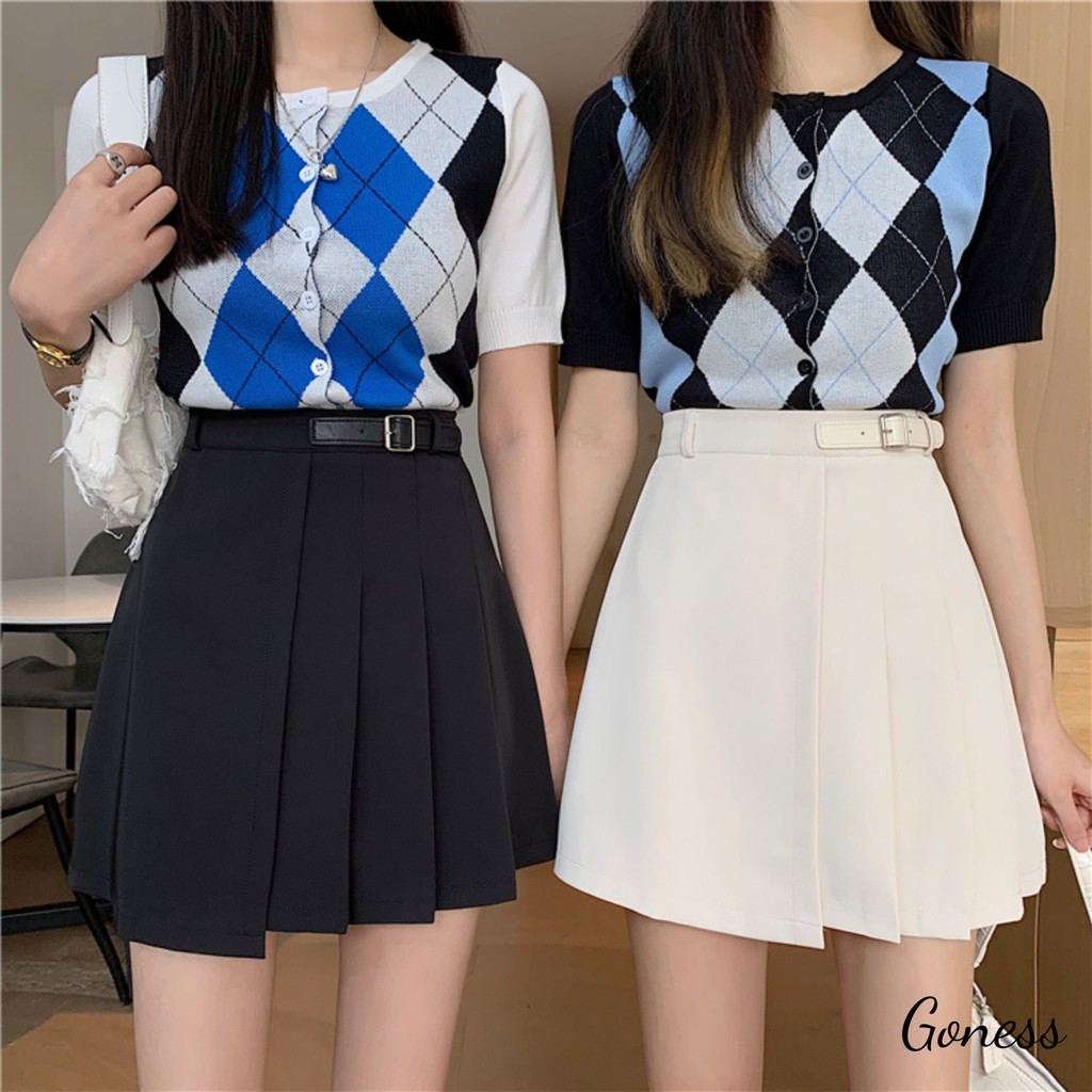 Chân váy xếp ly Goness dáng ngắn nữ cạp cao có đai phong cách Hàn Quốc