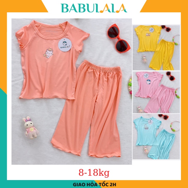 Đồ Bộ Bé Gái BABULALA Vải Thun Lạnh 8-18kg 1 2 3 4 5 6 Tuổi-Bộ Lửng Mặc Nhà Tem Cổ In Không Gây Ngứa-BLU01
