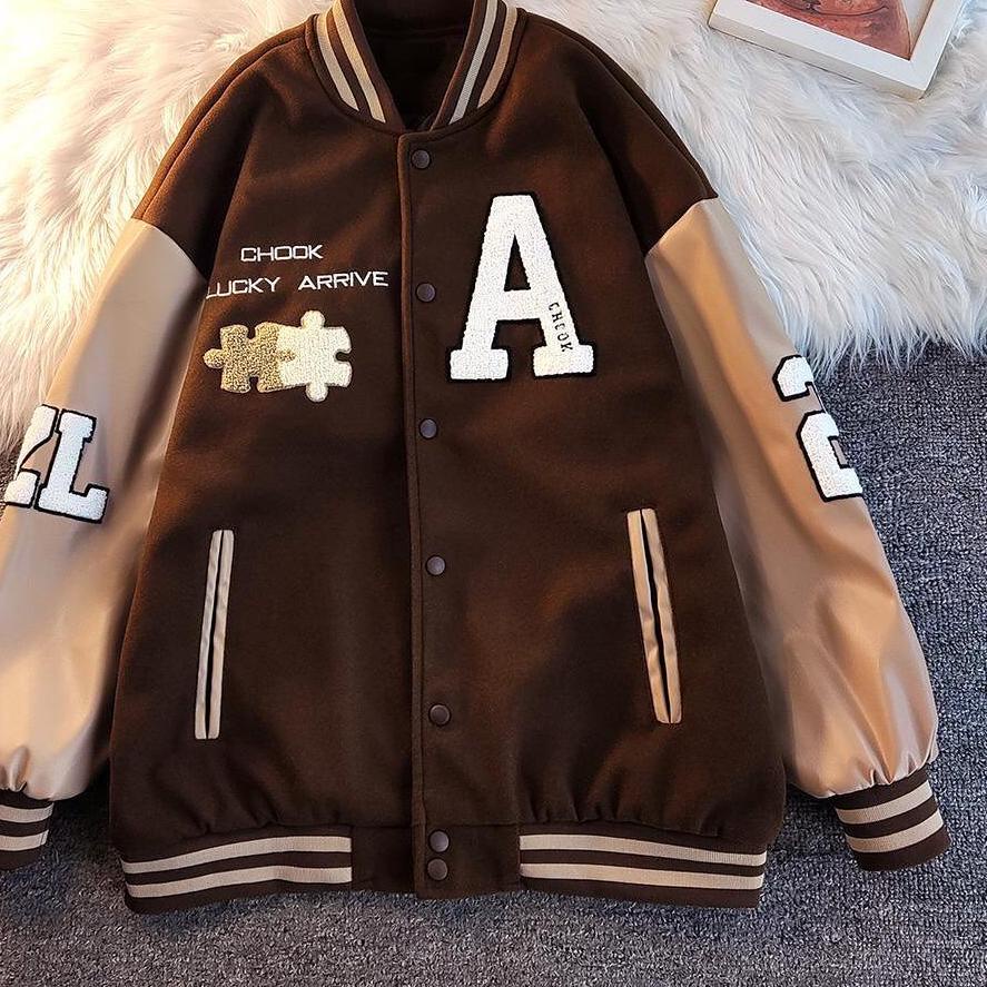 ا - A Chook Lucky Áo Khoác Bóng Chày Màu Nâu Có Size Vừa Vặn Cao Cấp Cho Unisex Tuổi Teen L - A