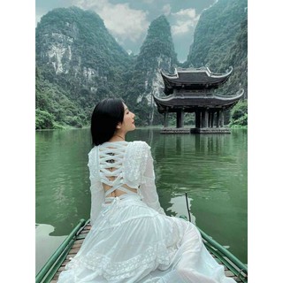 Đầm maxi trắng đan dây lưng