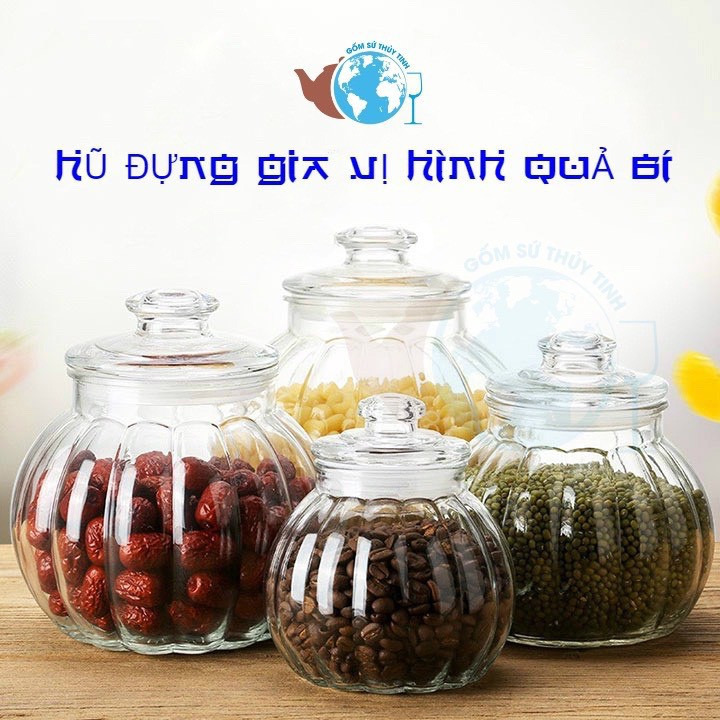 Hũ thủy tinh trái bí đựng gia vị, thực phẩm dung tích 750ml