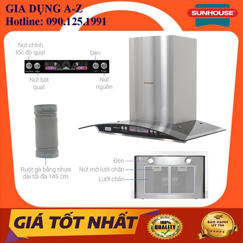 Máy hút mùi kính cong SUNHOUSE SHB6626 , độ ồn ít và tiết kiệm điện