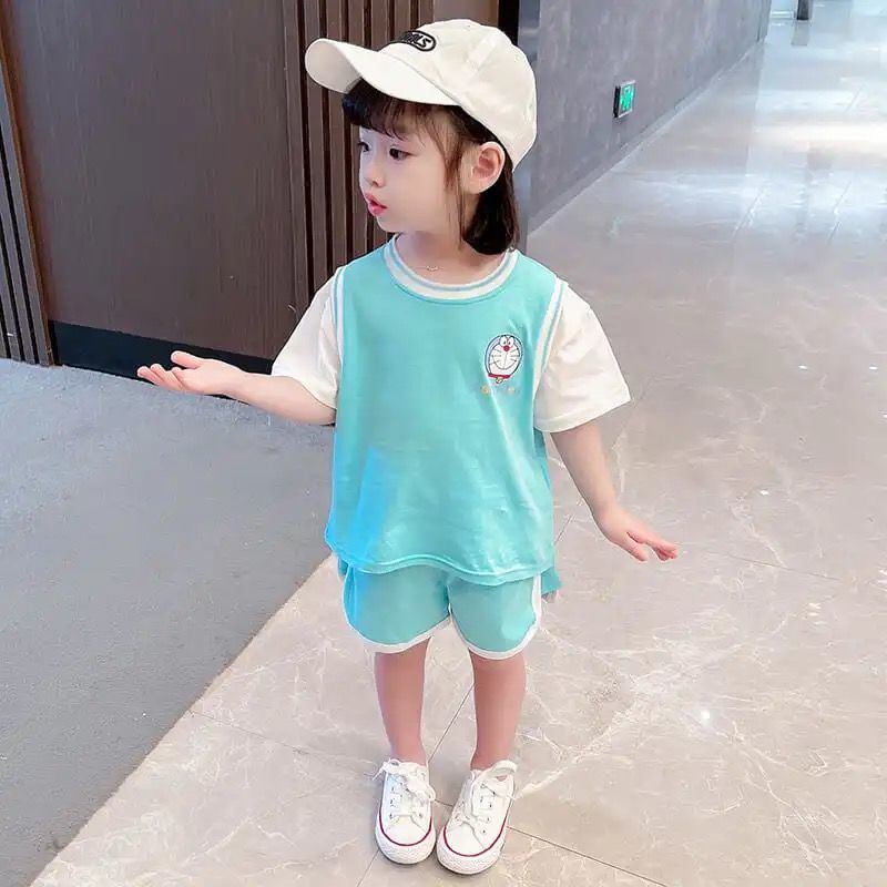 Bộ Áo Thun Ngắn Tay In Hoạt Hình + Quần Short Thời Trang Mùa Hè Hàn Quốc 2023 Cho Bé Gái