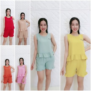 Bộ đồ nữ quần đùi vải đũi lụa Mặc Nhà Cực Mát Viền Bèo