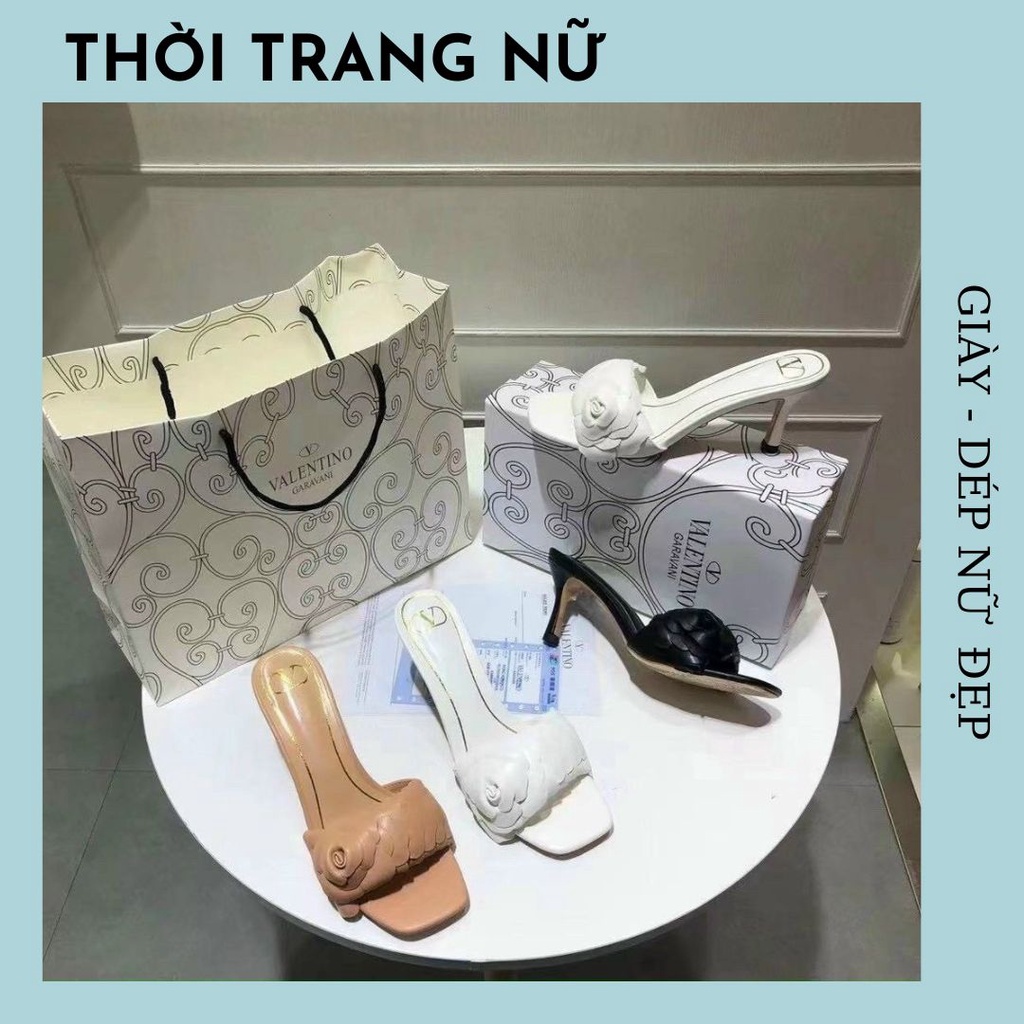 Guốc Cao Gót Nữ 7 Phân, Dép Gót Nhọn Phối Hoa Trà Sang Chảnh Cực Xinh
