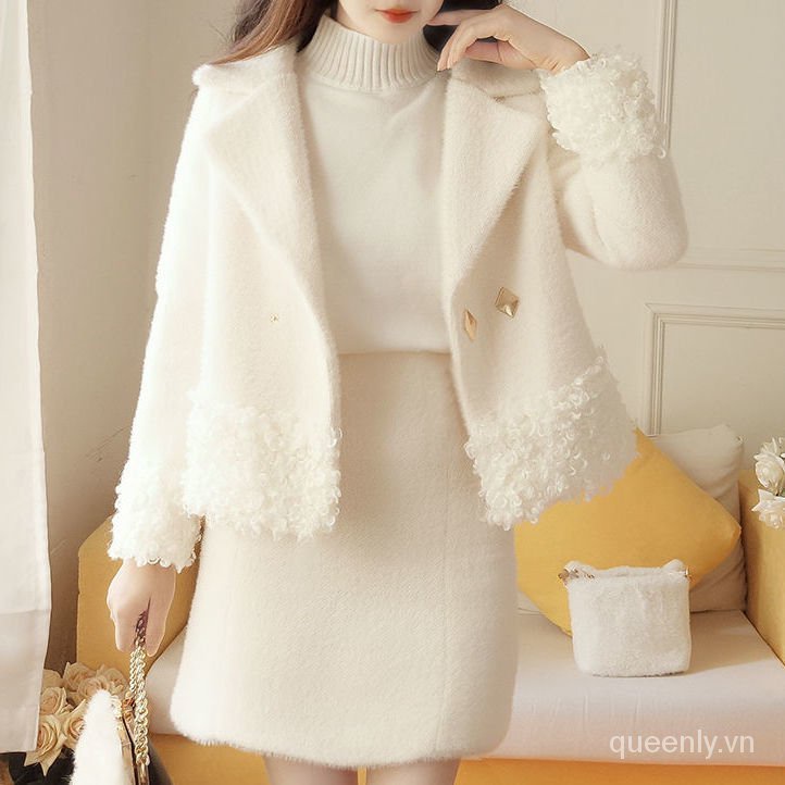Set áo khoác len phối chân váy ngắn thời trang thu đông phong cách phương Tây cho nữ