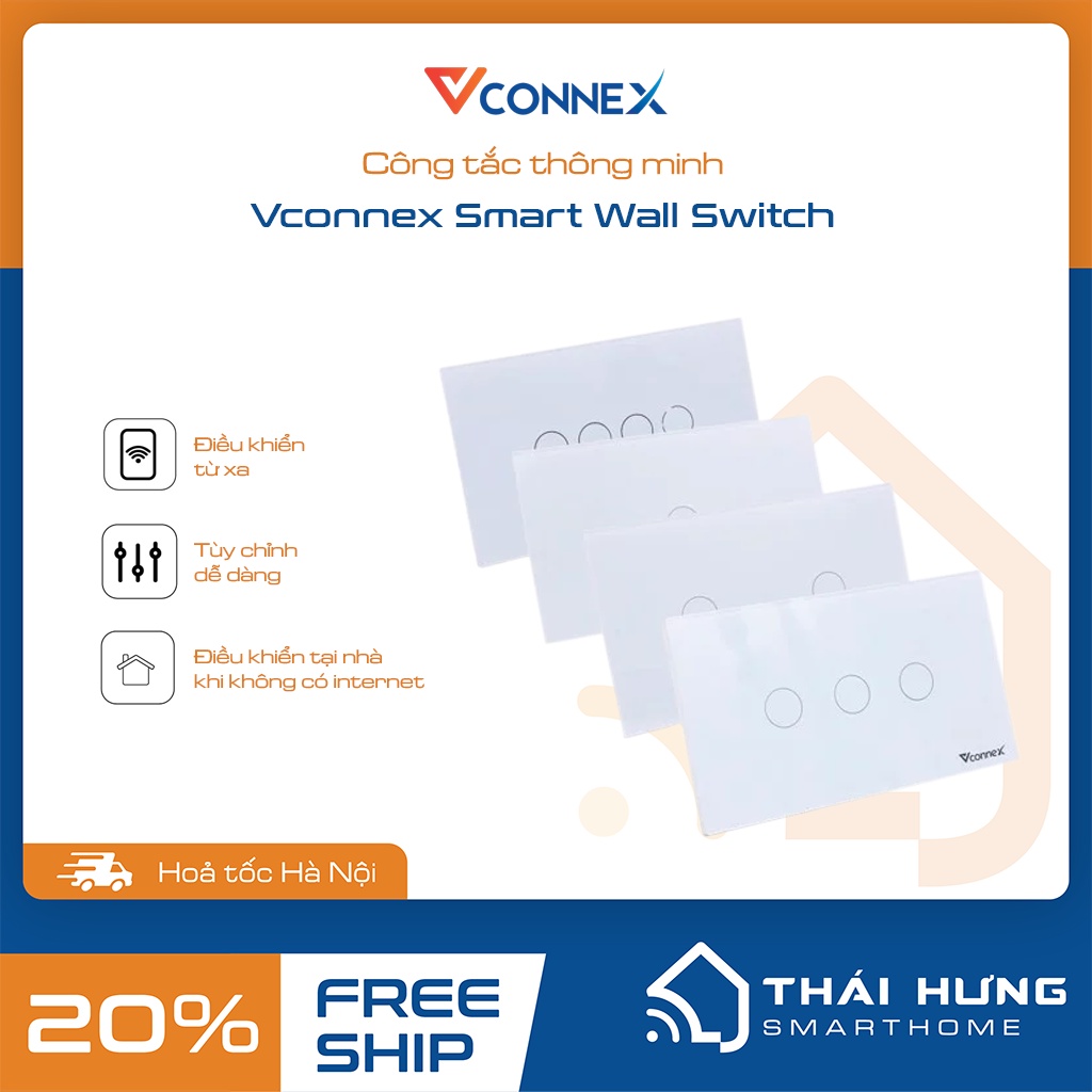 Công tắc cảm ứng thông minh Vconnex, Hình chữ nhật (Không viền), bảo hành 2 năm 1 đổi 1