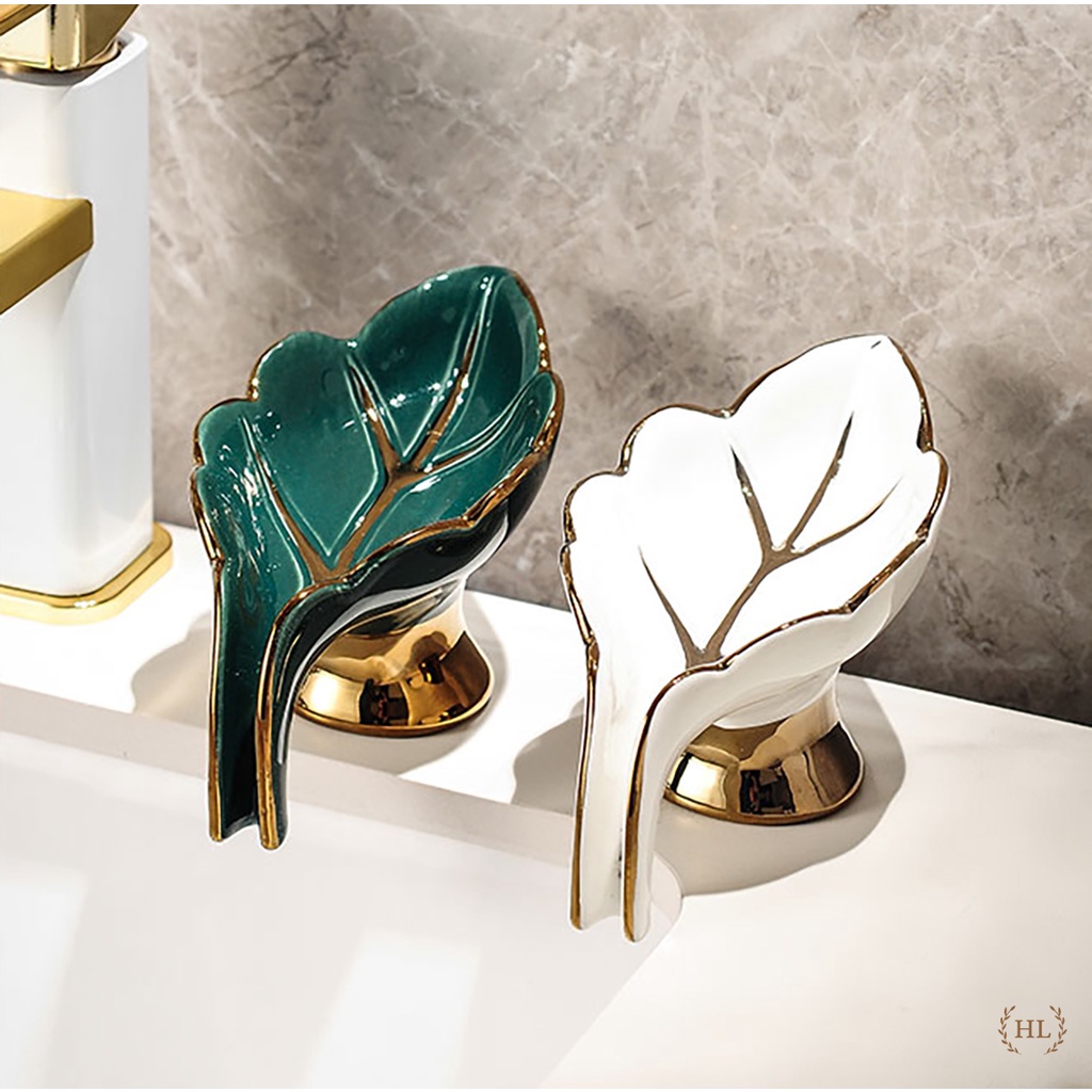 Khay đựng xà bông - Bông mút chất liệu sứ kẻ vàng kim | KỆ XÀ PHÒNG RỬA TAY SỨ DECOR HÌNH LÁ CAO CẤP 2023