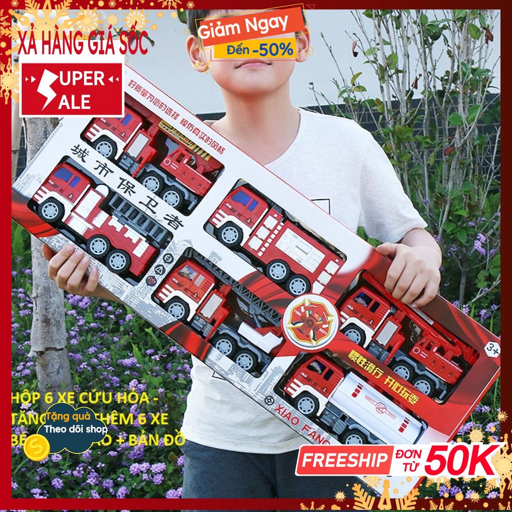 Hộp 6 xe cứu hỏa cỡ lớn trẻ em,Đồ chơi ô tô xe cứu hỏa,tặng kèm 6 xe hỗ trợ , biển báo , bản đồ