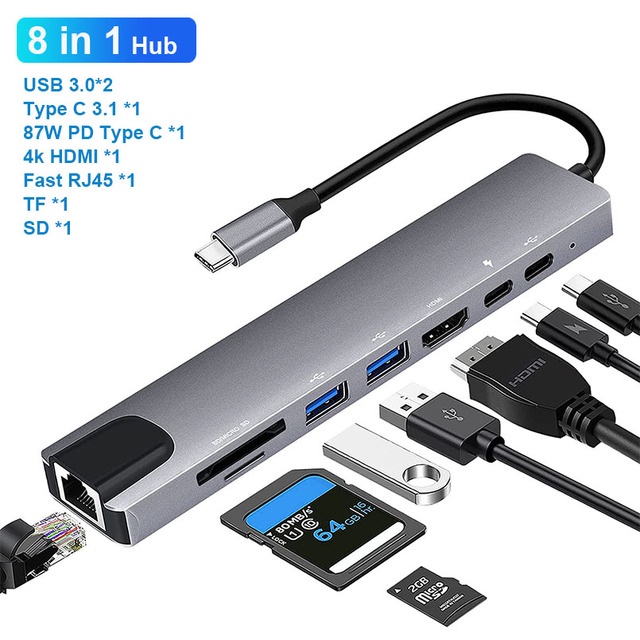 Đầu Đọc Thẻ Nhớ Đa Năng 8 Trong 1 USB Type-C Sang 4K HDMI RJ45 USB SD / TD Cho Máy Tính