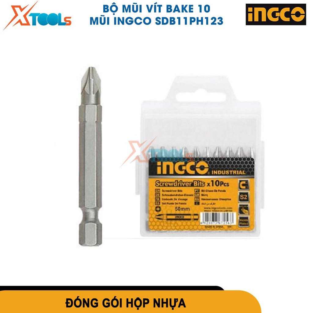 Bộ 10 đầu bắn vít bake INGCO PH1/2/3x50mm Ingco thép công nghiệp mạ niken, mũi vít bake nhiều size [CHÍNH HÃNG][XTOOLS]