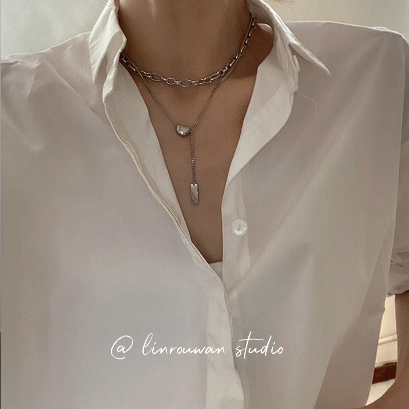 Vòng cổ Kim Loại Hai Lớp Mặt Trái Tim Phong Cách Retro Pháp