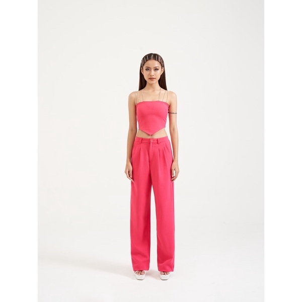 Set áo hai dây hồng kim tuyến + quần dài hồng ống suông