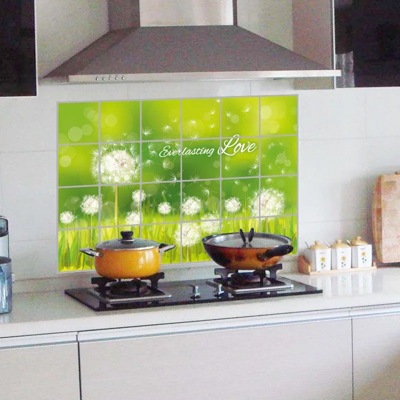 Decal dán bếp tráng nhôm cách nhiệt size lớn - cỏ xanh với Bồ Công Anh trắng