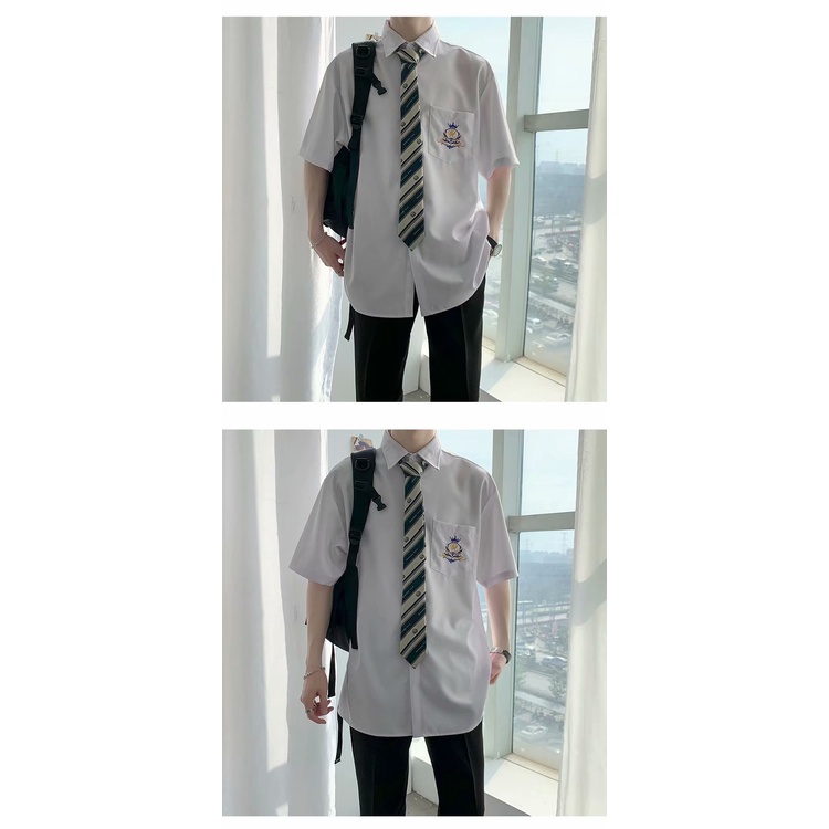 Áo Sơ Mi Đồng Phục Ngắn Tay Màu Trắng Họa Tiết Thêu Đơn Giản Cho Nam