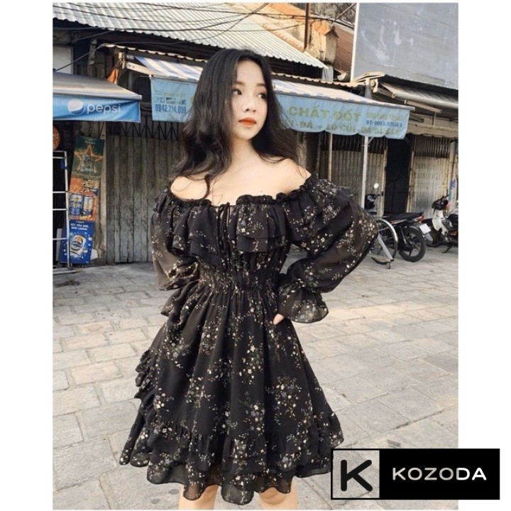 Váy Hoa Nhí Đầm Voan vintage Dáng Dài đẹp trễ vai bèo dài tay chun eo dáng xòe có lớp lót Quảng Châu kozoda d16 | BigBuy360 - bigbuy360.vn