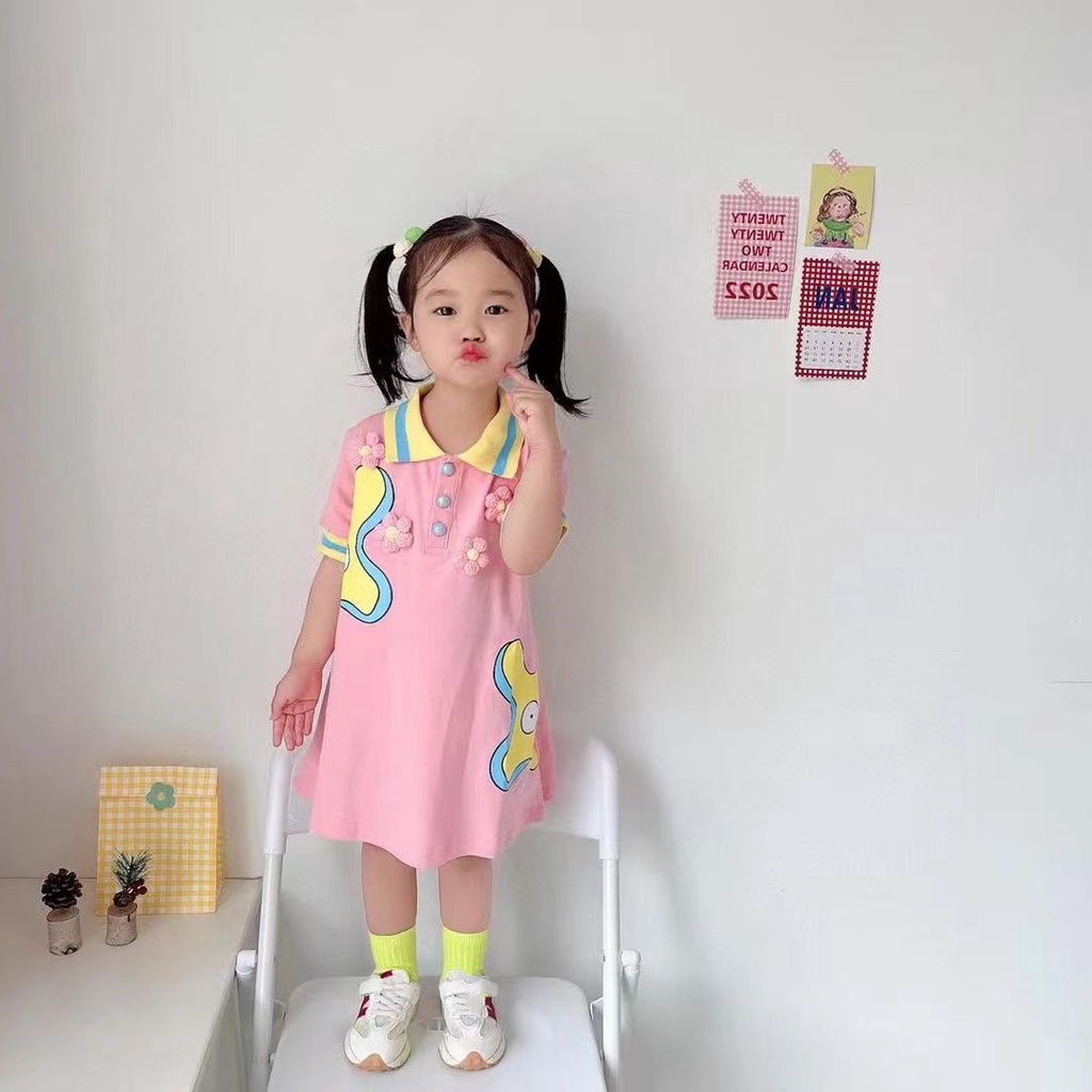 Đầm Thun Cổ POLO Dáng Rộng Họa Tiết Hoa Nhỏ Xinh Xắn Thời Trang Cho Bé Gái