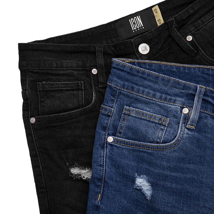 Quần Short Jean Nam ICON DENIM Blue Wash Whiskering