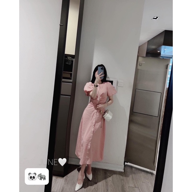 Váy hồng rúm eo