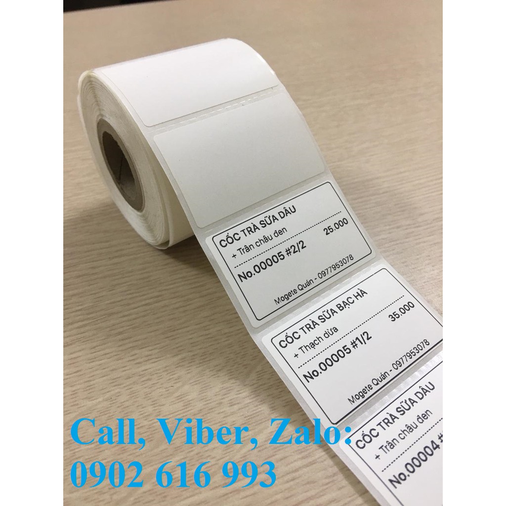 Giấy Decal nhiệt 50x30 mm x 30m, Decal Trà sữa 50x30 mm x 30m, Giấy in mã vạch tem nhãn, tem phụ 50x30 mm x 50m