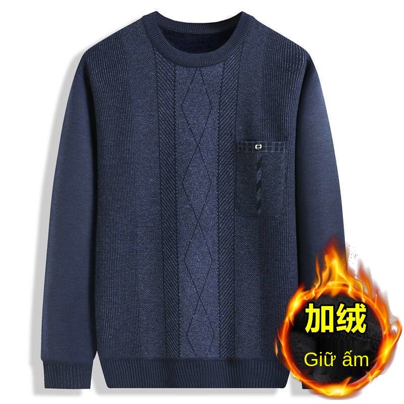 ✥₪Thêm nhung / không tùy chọn bố mặc ấm cùng với dày đan áo len cổ tròn cỡ lớn cho người trung niên và cao tuổi nam