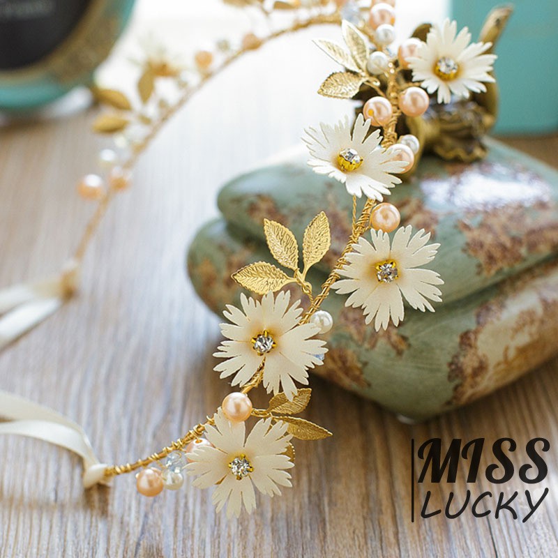 Băng đô đính hoa lá kèm dây ruy băng xinh xắn cho nữ