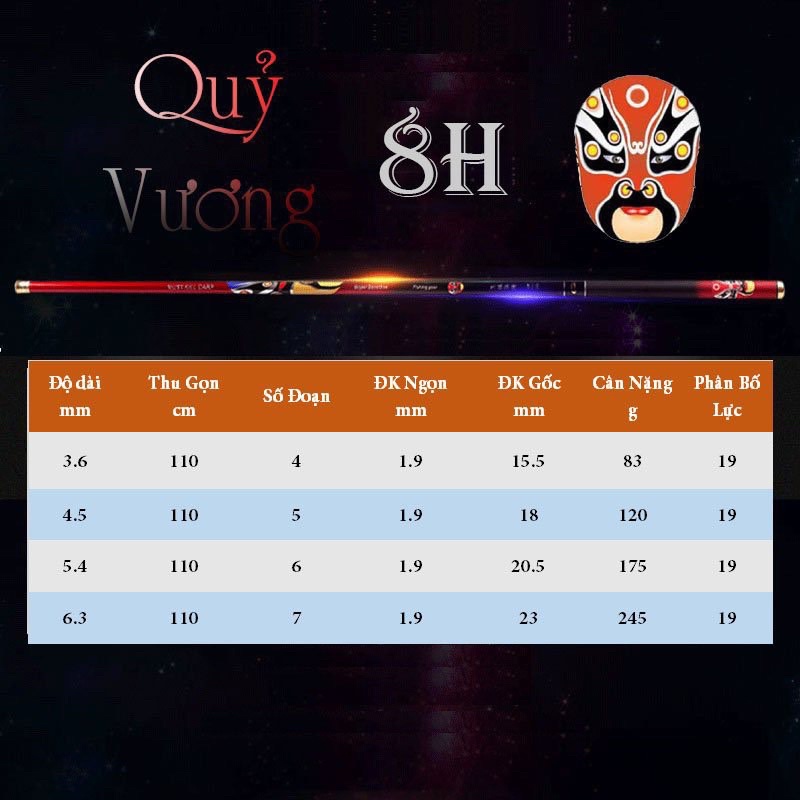 Cần cây tay Quỷ Vương 8H - Tặng nhẫn chống trơn và đọt phụ cao cấp