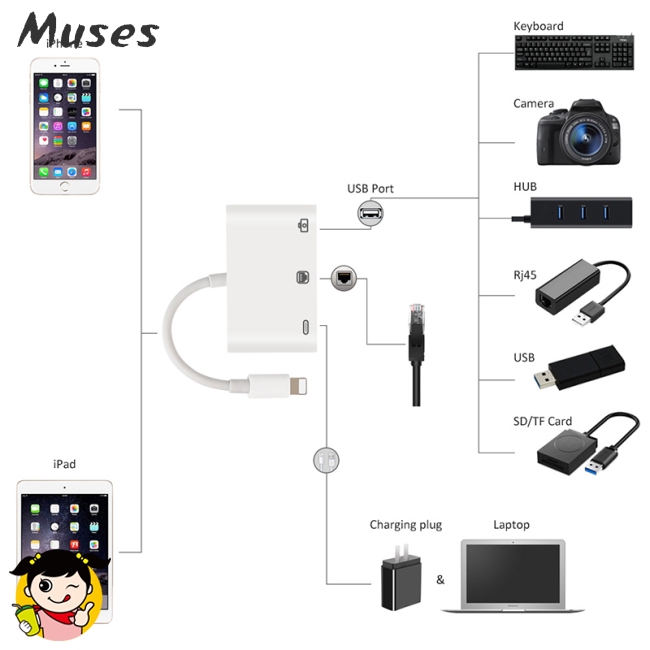 Muse07 3 in 1 Charger Adapter iPhone Interface to LAN 100Mbps/1000Mbps Ethernet RJ45 Adapter OTG USB 3.0