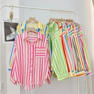 Áo Sơ Mi Nữ Kẻ Sọc Phối Màu Loang Lạ Mắt Freesize, Sơ Mi Tay Dài Phồng Cho Nữ Form Rộng Vừa SUBICI
