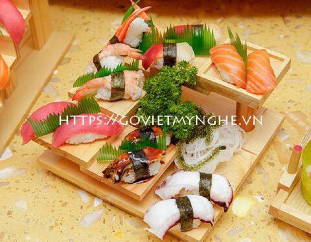[Hàng Xuất Khẩu] Khay sushi gỗ trang trí món ăn sushi Nhật Bản hình bậc thang 6 tầng hình vuông - Gỗ thông nhập khẩu