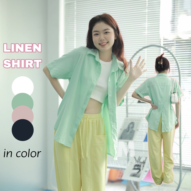 Áo Sơ Mi Linen Xẻ Lưng Cài Nút Tay Ngắn Dáng Rộng Đi Học Phong Cách Hàn Quốc - Minipie