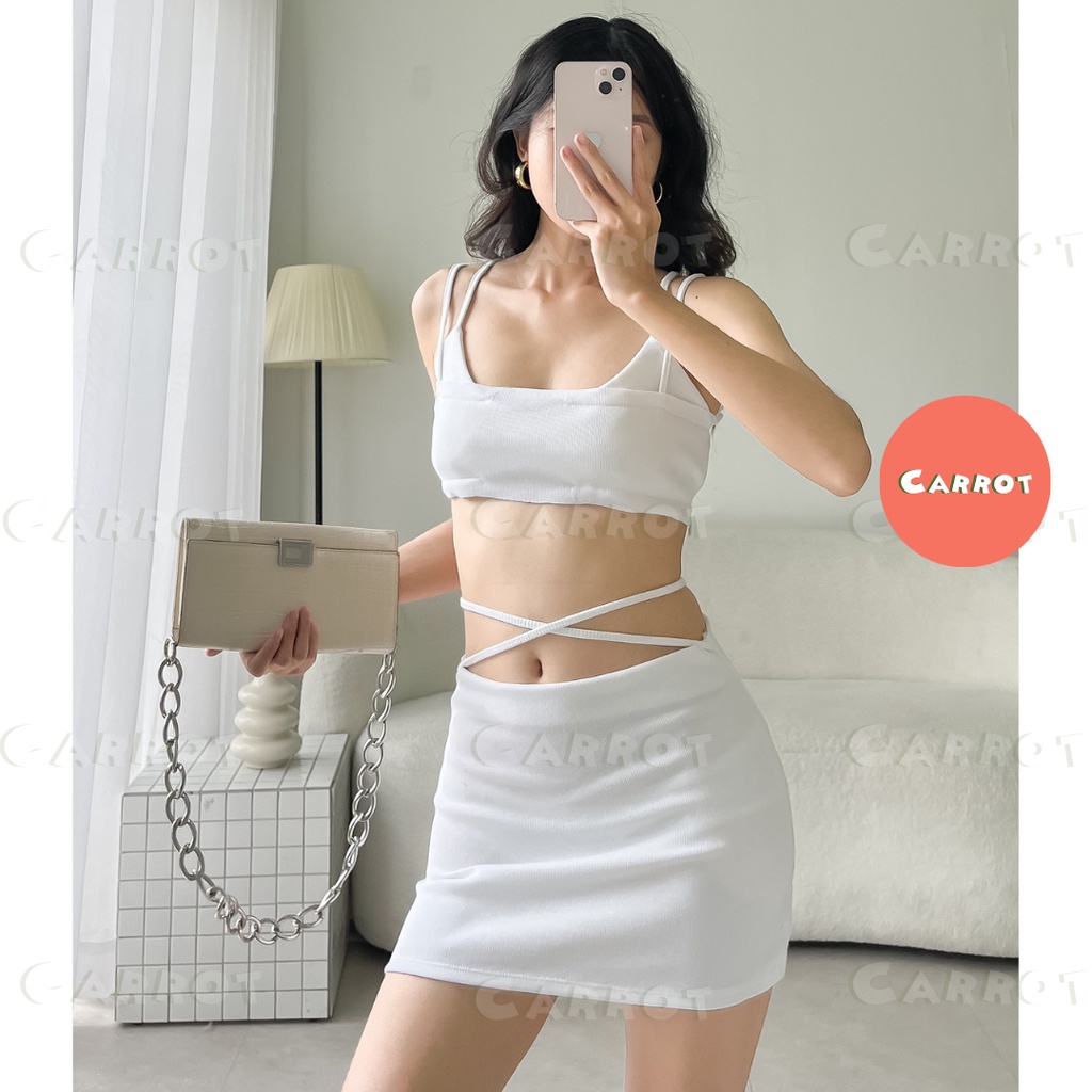 Set đồ nữ sanh chảnh,  bộ đồ nữ cá tính áo croptop 2 dây chân váy cột dây trắng ôm body carrotxinhdep