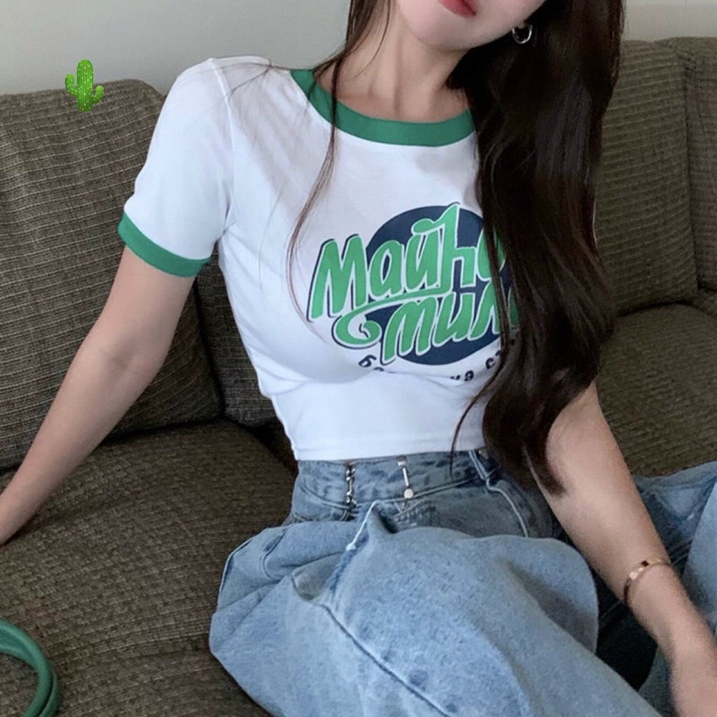 Áo thun tay ngắn croptop cổ tròn họa tiết màu xanh pc